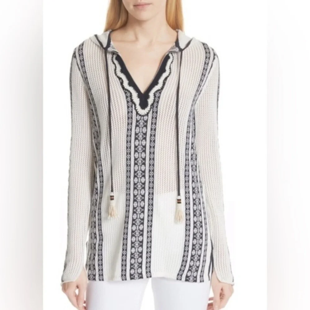 TORY BURCH Size XS • Ripa White Navy Knit Hooded Pullover Cover Up Tunic.